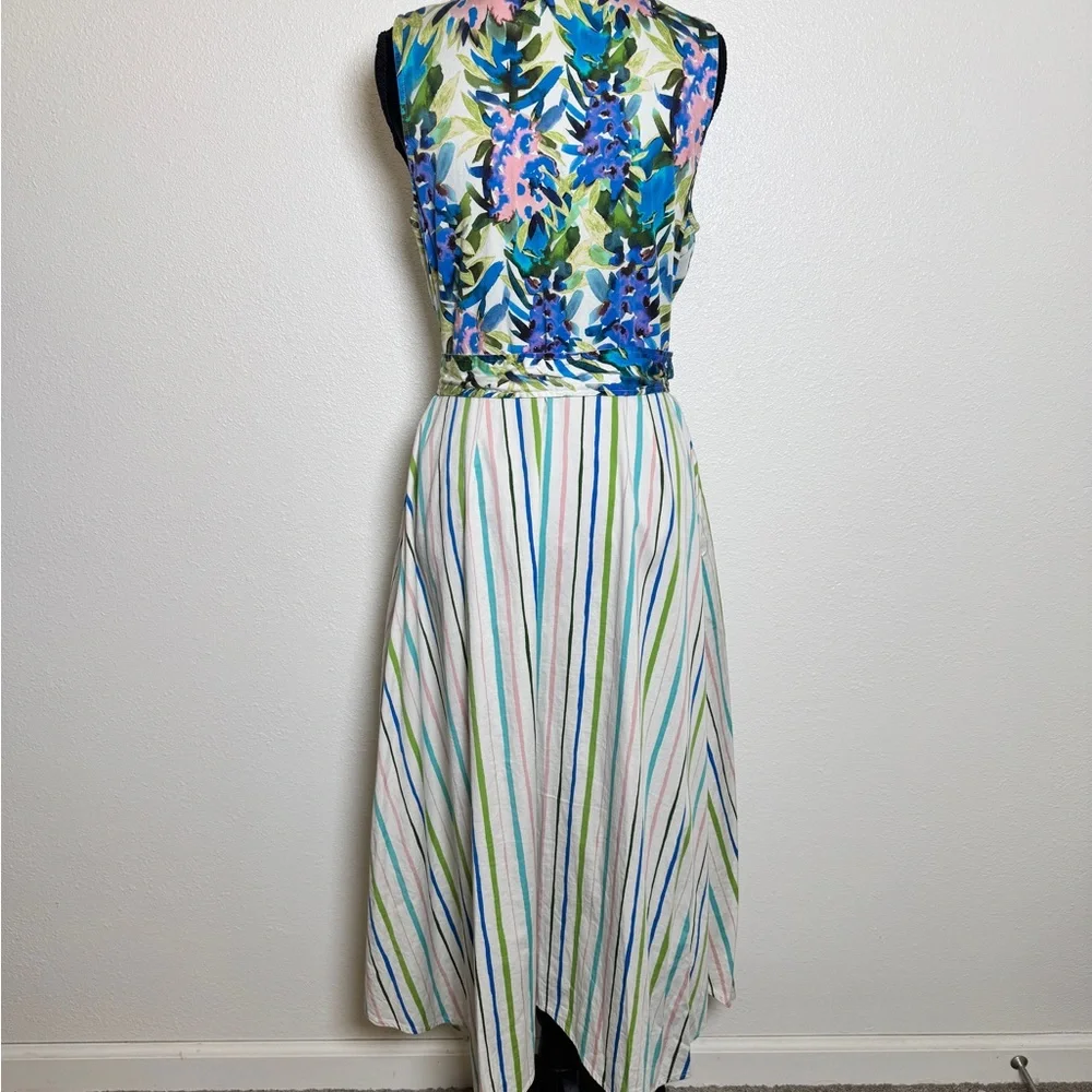 Badgley Mischka Floral Stripe Midi Dress 8 Tie Waist Sleeveless resort